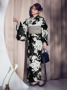 画像12: 【即日発送】ブラック線画フラワー浴衣 【浴衣3点セット 浴衣/帯/下駄】 [OF04] (12)