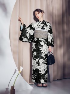 画像13: 【即日発送】ブラック線画フラワー浴衣 【浴衣3点セット 浴衣/帯/下駄】 [OF04] (13)