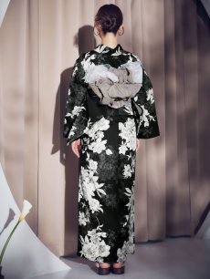 画像14: 【即日発送】ブラック線画フラワー浴衣 【浴衣3点セット 浴衣/帯/下駄】 [OF04] (14)