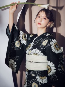 画像10: 【即日発送】向日葵柄黒色浴衣 【浴衣3点セット 浴衣/帯/下駄】 [OF04] (10)