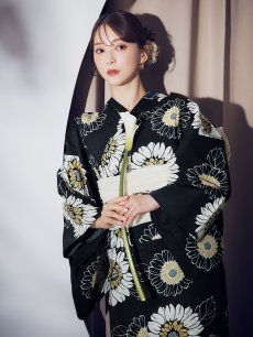 画像11: 【即日発送】向日葵柄黒色浴衣 【浴衣3点セット 浴衣/帯/下駄】 [OF04] (11)