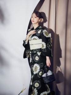 画像12: 【即日発送】向日葵柄黒色浴衣 【浴衣3点セット 浴衣/帯/下駄】 [OF04] (12)