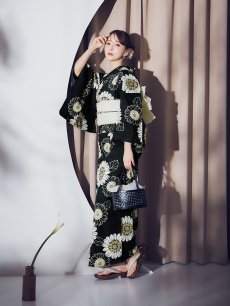 画像14: 【即日発送】向日葵柄黒色浴衣 【浴衣3点セット 浴衣/帯/下駄】 [OF04] (14)