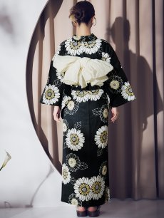 画像15: 【即日発送】向日葵柄黒色浴衣 【浴衣3点セット 浴衣/帯/下駄】 [OF04] (15)