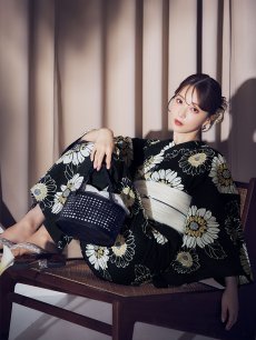 画像3: 【即日発送】向日葵柄黒色浴衣 【浴衣3点セット 浴衣/帯/下駄】 [OF04] (3)