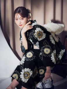 画像5: 【即日発送】向日葵柄黒色浴衣 【浴衣3点セット 浴衣/帯/下駄】 [OF04] (5)