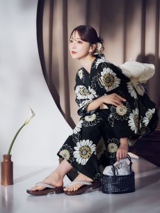 画像6: 【即日発送】向日葵柄黒色浴衣 【浴衣3点セット 浴衣/帯/下駄】 [OF04] (6)