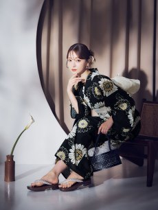 画像8: 【即日発送】向日葵柄黒色浴衣 【浴衣3点セット 浴衣/帯/下駄】 [OF04] (8)
