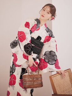 画像10: 【即日発送】紅色と黒の朝顔柄浴衣 【浴衣3点セット 浴衣/帯/下駄】[YMT] (10)