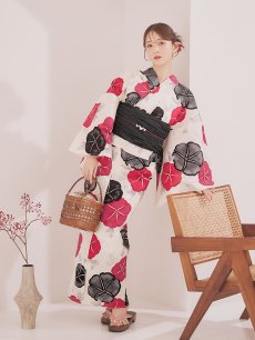 画像12: 【即日発送】紅色と黒の朝顔柄浴衣 【浴衣3点セット 浴衣/帯/下駄】[YMT] (12)