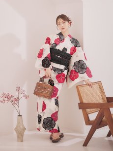 画像14: 【即日発送】紅色と黒の朝顔柄浴衣 【浴衣3点セット 浴衣/帯/下駄】[YMT] (14)