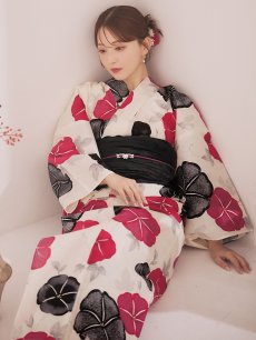 画像2: 【即日発送】紅色と黒の朝顔柄浴衣 【浴衣3点セット 浴衣/帯/下駄】[YMT] (2)