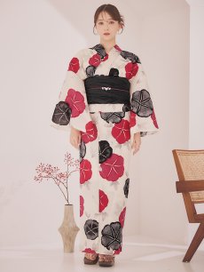 画像4: 【即日発送】紅色と黒の朝顔柄浴衣 【浴衣3点セット 浴衣/帯/下駄】[YMT] (4)