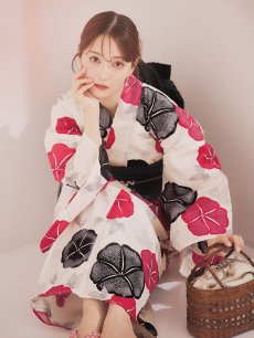 画像5: 【即日発送】紅色と黒の朝顔柄浴衣 【浴衣3点セット 浴衣/帯/下駄】[YMT] (5)