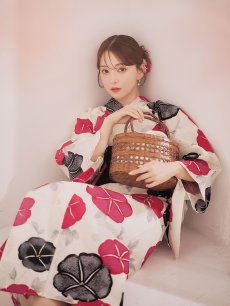 画像6: 【即日発送】紅色と黒の朝顔柄浴衣 【浴衣3点セット 浴衣/帯/下駄】[YMT] (6)