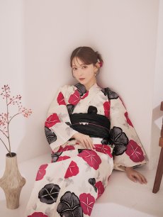 画像7: 【即日発送】紅色と黒の朝顔柄浴衣 【浴衣3点セット 浴衣/帯/下駄】[YMT] (7)