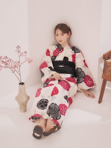 画像8: 【即日発送】紅色と黒の朝顔柄浴衣 【浴衣3点セット 浴衣/帯/下駄】[YMT] (8)