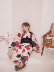 画像9: 【即日発送】紅色と黒の朝顔柄浴衣 【浴衣3点セット 浴衣/帯/下駄】[YMT] (9)