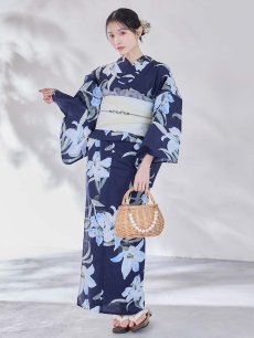 画像4: 送料無料！ネイビーリリーフラワー浴衣【浴衣３点セット 浴衣/帯/下駄】[OF04]【予約 / 5月下旬発送予定】 (4)