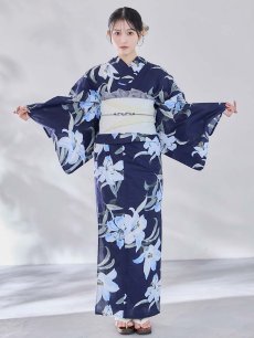 画像9: 送料無料！ネイビーリリーフラワー浴衣【浴衣３点セット 浴衣/帯/下駄】[OF04]【予約 / 5月下旬発送予定】 (9)