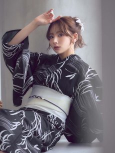画像11: 【即日発送】モノトーン和柄柳浴衣【浴衣３点セット 浴衣/帯/下駄】[OF04] (11)