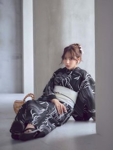 画像13: 【即日発送】モノトーン和柄柳浴衣【浴衣３点セット 浴衣/帯/下駄】[OF04] (13)