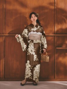 画像15: 【即日発送】送料無料！大人ブラウンフラワー浴衣【浴衣３点セット 浴衣/帯/下駄】[OF04] (15)