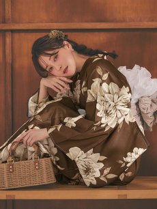 画像8: 【即日発送】送料無料！大人ブラウンフラワー浴衣【浴衣３点セット 浴衣/帯/下駄】[OF04] (8)