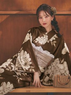 画像9: 【即日発送】送料無料！大人ブラウンフラワー浴衣【浴衣３点セット 浴衣/帯/下駄】[OF04] (9)
