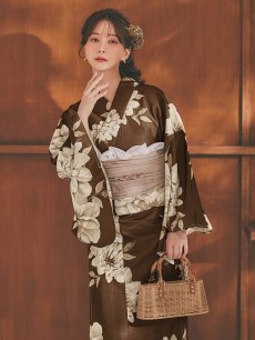 画像2: 【即日発送】送料無料！大人ブラウンフラワー浴衣【浴衣３点セット 浴衣/帯/下駄】[OF04] (2)