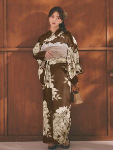 画像3: 【即日発送】送料無料！大人ブラウンフラワー浴衣【浴衣３点セット 浴衣/帯/下駄】[OF04] (3)