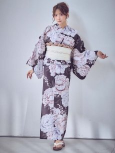 画像4: 送料無料！牡丹竜胆柄ネイビー浴衣【浴衣３点セット 浴衣/帯/下駄】[OF04]【予約 / 6月上旬発送予定】 (4)