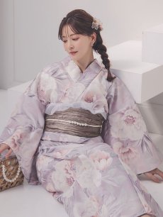 画像1: 送料無料！【即日発送】大輪の芍薬花柄グレー浴衣【浴衣３点セット 浴衣/帯/下駄】[OF04] (1)