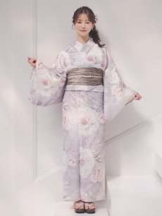 画像4: 送料無料！【即日発送】大輪の芍薬花柄グレー浴衣【浴衣３点セット 浴衣/帯/下駄】[OF04] (4)