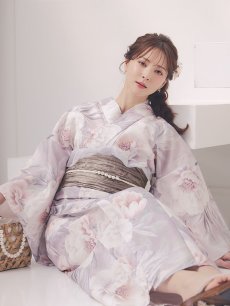 画像11: 送料無料！【即日発送】大輪の芍薬花柄グレー浴衣【浴衣３点セット 浴衣/帯/下駄】[OF04] (11)