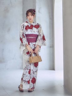画像8: 【即日発送】紅白牡丹百合柄浴衣【浴衣３点セット 浴衣/帯/下駄】[OF04] (8)