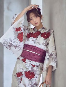 画像9: 【即日発送】紅白牡丹百合柄浴衣【浴衣３点セット 浴衣/帯/下駄】[OF04] (9)