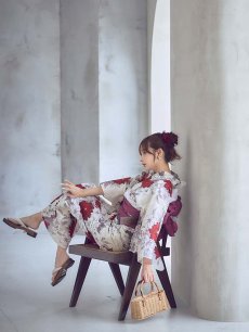 画像10: 【即日発送】紅白牡丹百合柄浴衣【浴衣３点セット 浴衣/帯/下駄】[OF04] (10)