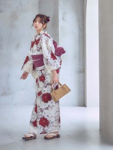 画像11: 【即日発送】紅白牡丹百合柄浴衣【浴衣３点セット 浴衣/帯/下駄】[OF04] (11)
