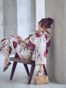 画像18: 【即日発送】紅白牡丹百合柄浴衣【浴衣３点セット 浴衣/帯/下駄】[OF04] (18)