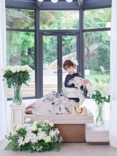 画像6: 送料無料！【即日発送】Riuコラボ ノーブルネイビー百合浴衣【浴衣３点セット 浴衣/帯/下駄】[OF04] (6)