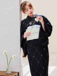 画像1: 【即日発送】セパレートアーガイルビジュー浴衣【浴衣4点セット 浴衣/帯/下駄】 [YMT] (1)