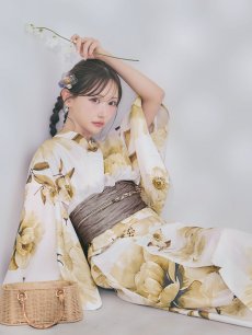 画像8: 送料無料！1人で簡単に着られる！ワンピース / セパレート浴衣セット　ホワイトエレガントフラワー浴衣【浴衣4点セット 浴衣/帯/下駄】[OF04]【予約 / 5月下旬発送予定】 (8)