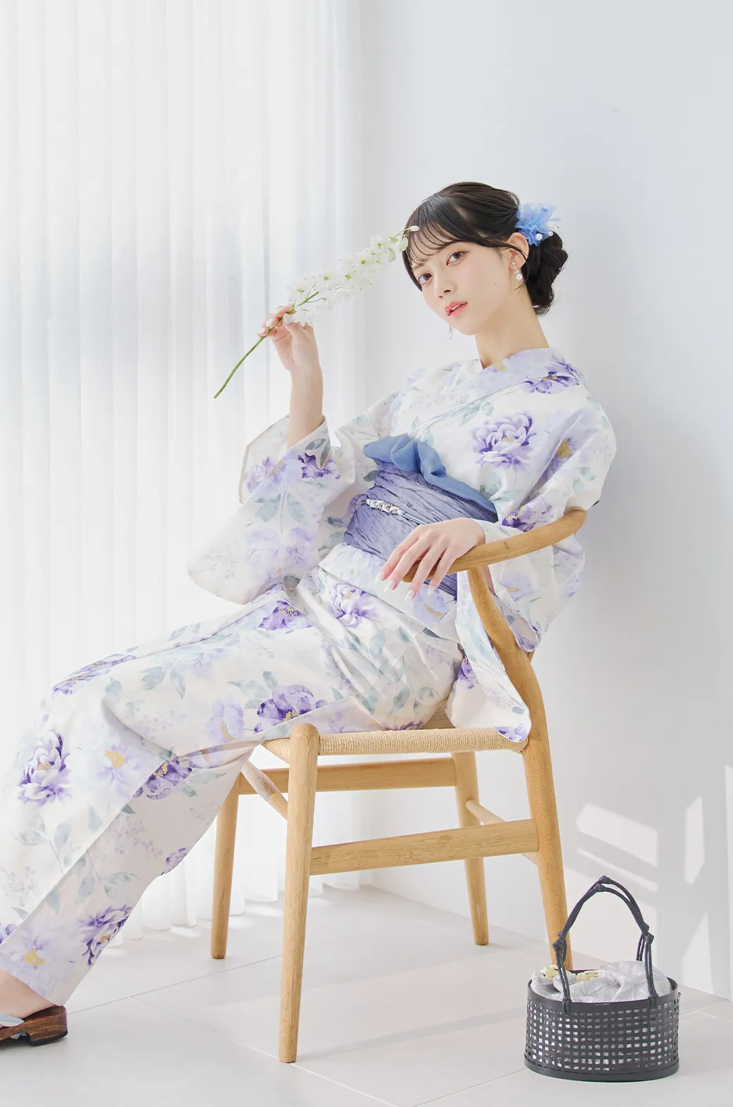 水彩紫牡丹柄浴衣