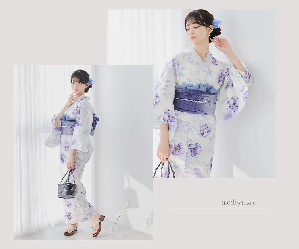 水彩紫牡丹柄浴衣