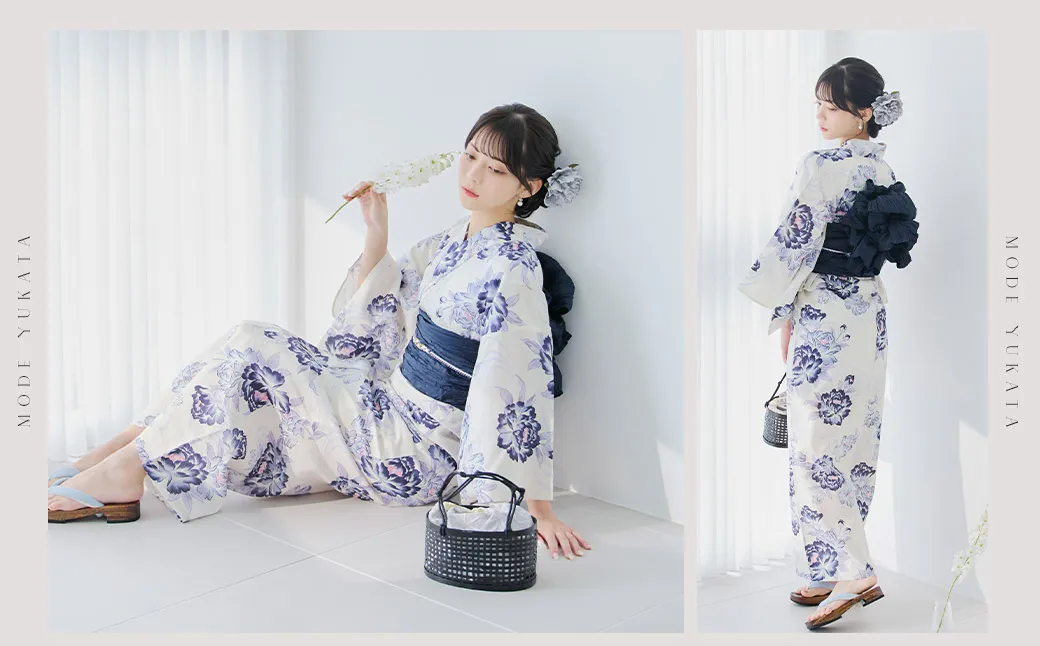 水彩紫牡丹柄浴衣