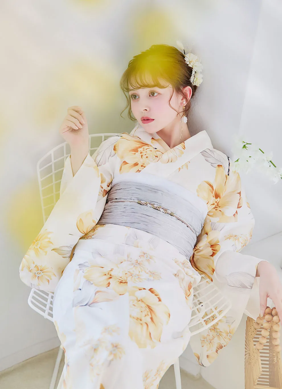 グレイッシュイエロー牡丹浴衣