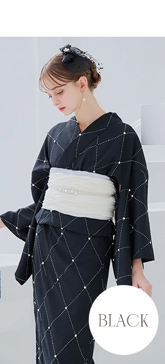 格子柄ビジュー浴衣 ブラック