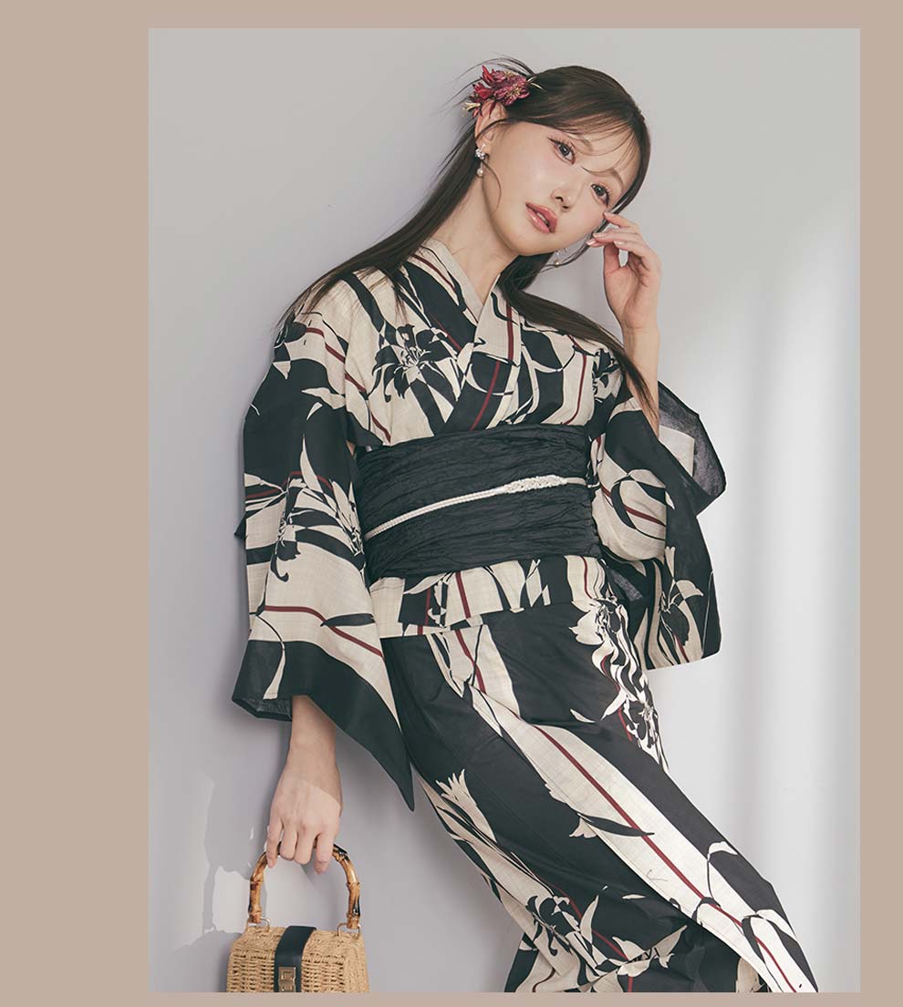 菅野結以さん着用 セパレート浴衣 トップス&スカートタイプ モノトーン&レッド2