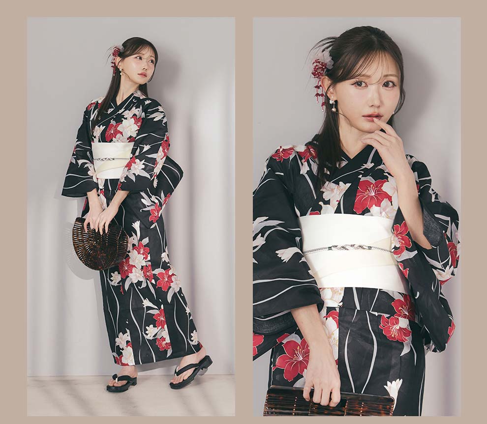 菅野結以さん着用 セパレート浴衣 トップス&スカートタイプ ブラックレッド&ホワイトリリー2